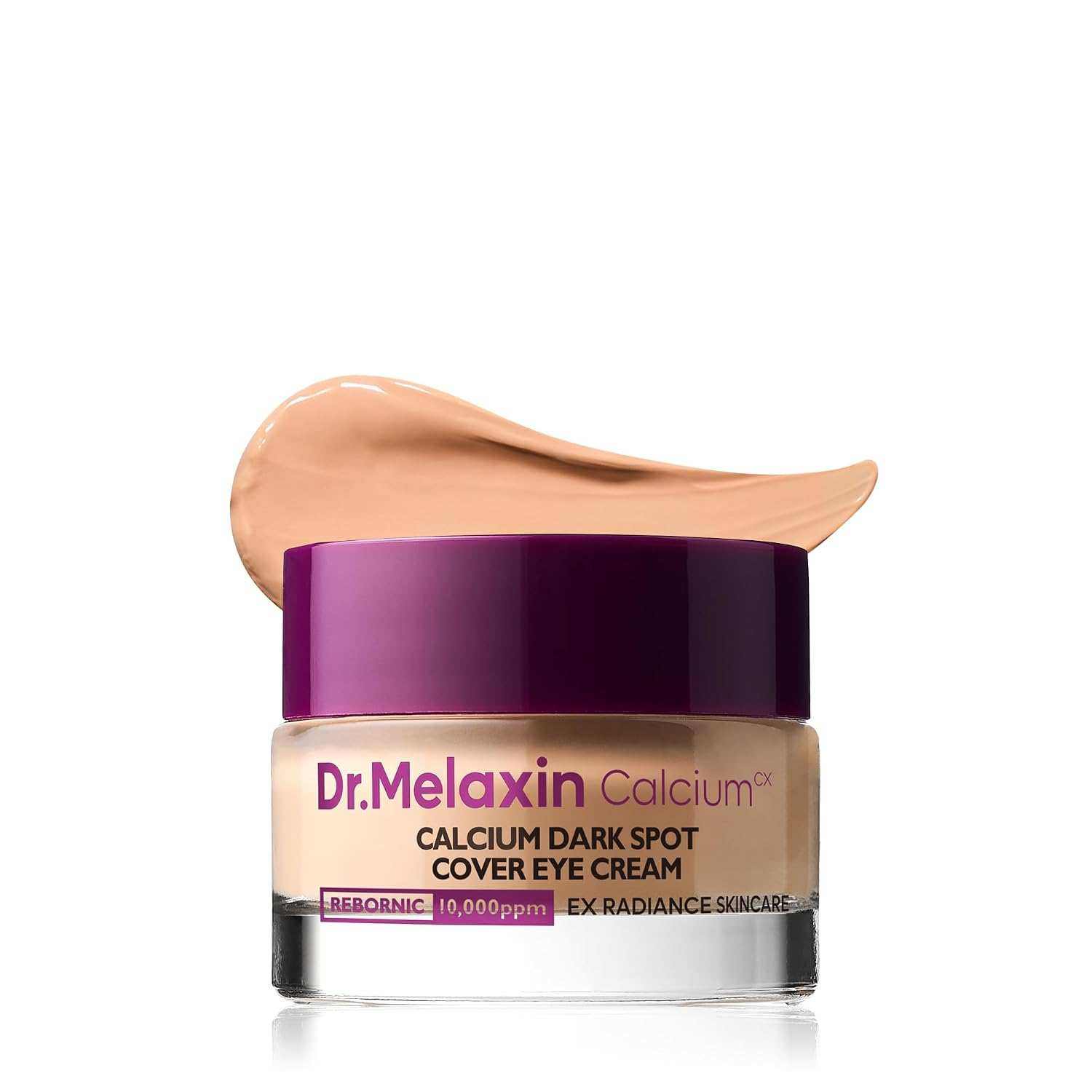 Dark Spot Cover beige cream eye cream jar with purple lid and smooth texture swatch on white background