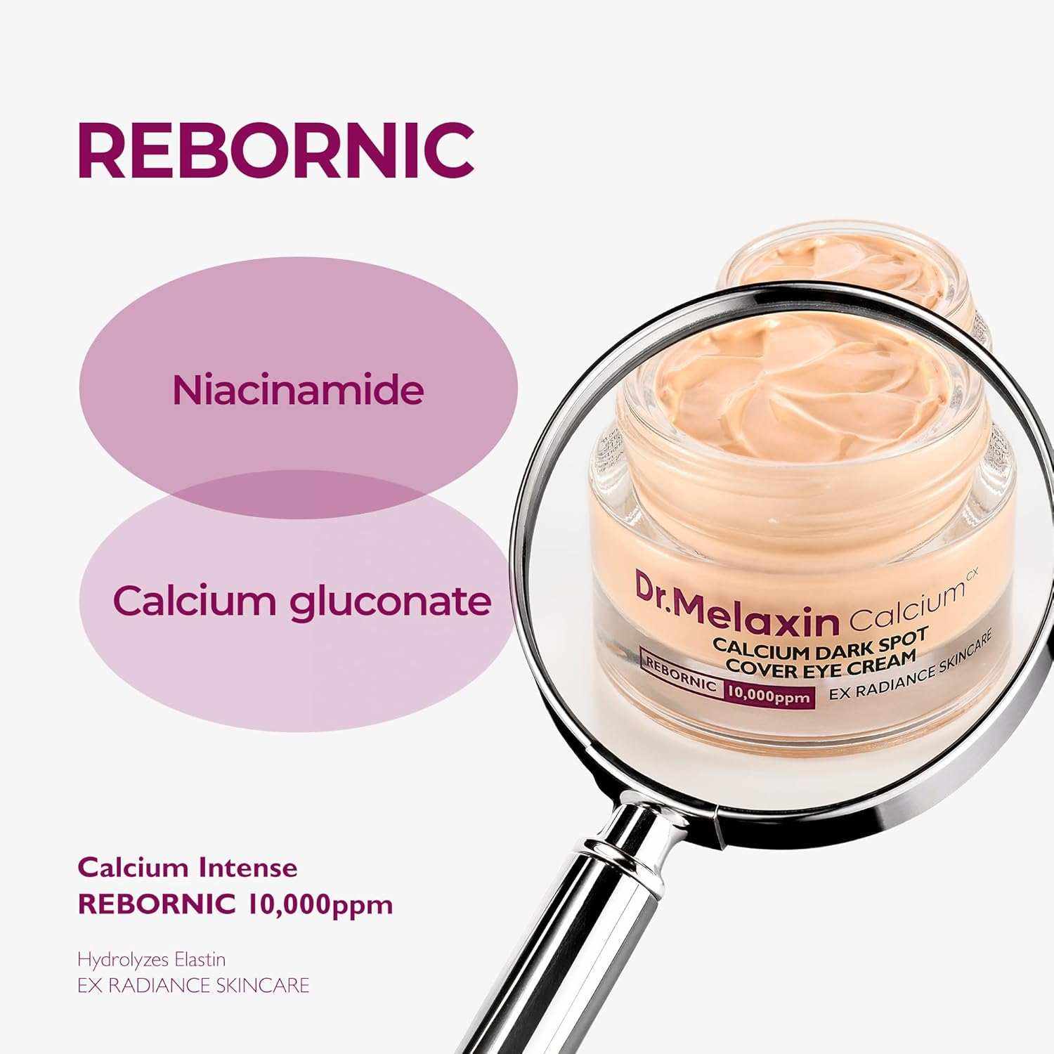 Dr. Melaxin Calcium Dark Spot Cover eye cream in a beige shade with smooth creamy texture in a clear round jar under a magnifying glass