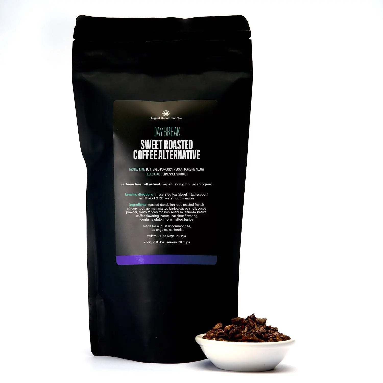 Daybreak - Sweet Roasted Coffee Alternative in a black resealable pouch with a bowl of roasted herbal blend.