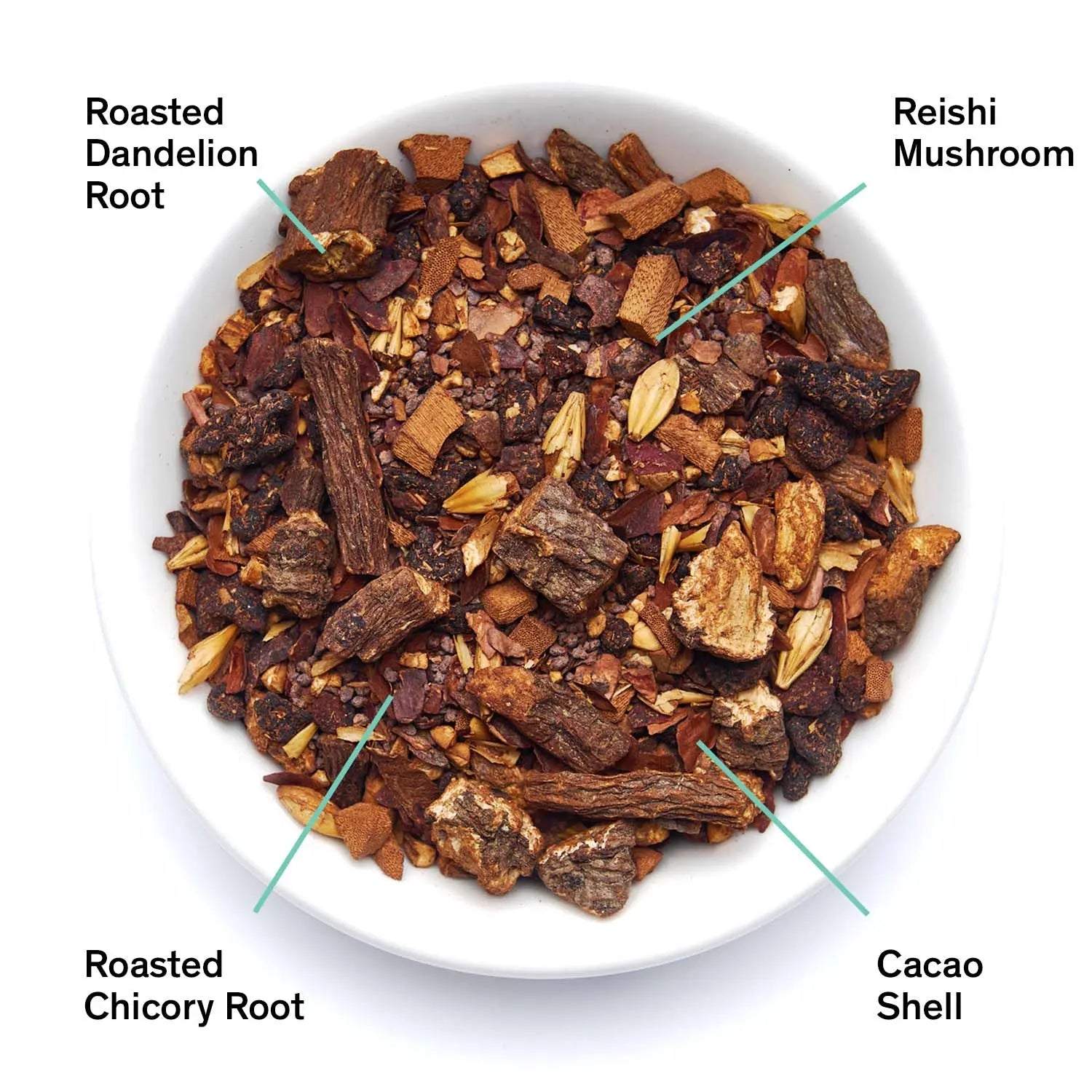 Daybreak - Sweet Roasted Coffee Alternative, a loose herbal blend of chunky roasted brown roots, grains and cacao shells