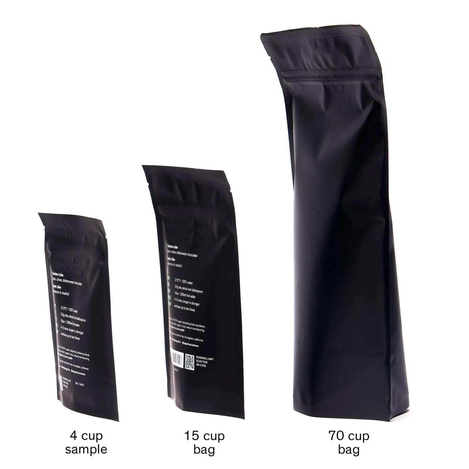 Days of Heaven tea in black resealable bags shown in 4-cup sample, 15-cup bag, and 70-cup bag sizes.
