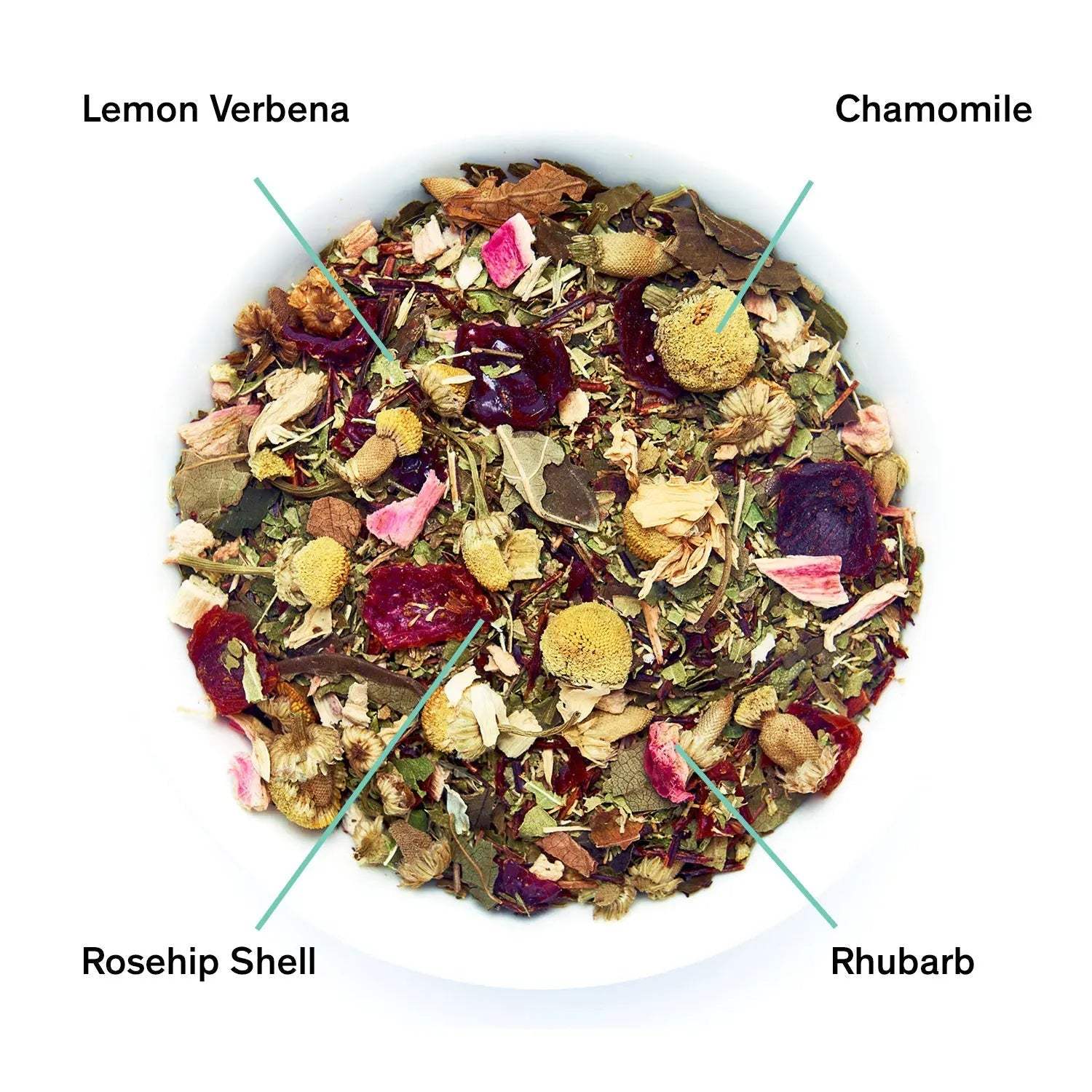 Days of Heaven tea blend with mixed dried herbs, yellow chamomile flowers, pink rhubarb pieces and deep red rosehip shells