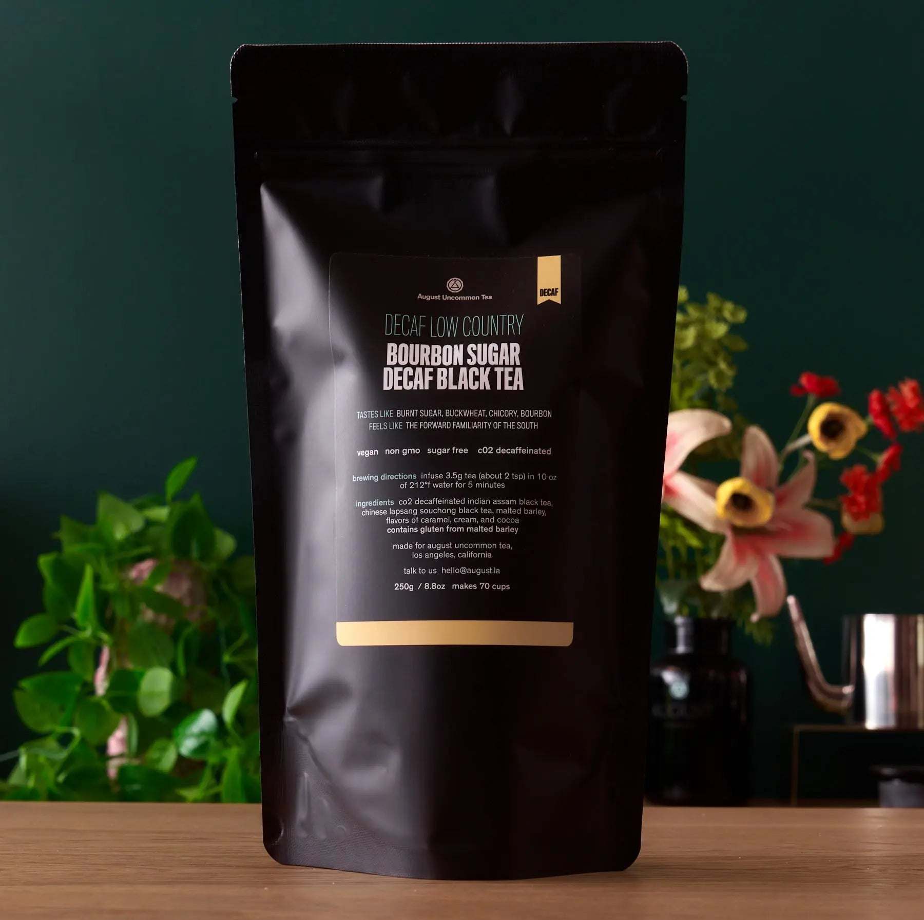 Decaf Low Country - Black Tea in a matte black pouch with Bourbon Sugar Black Tea label