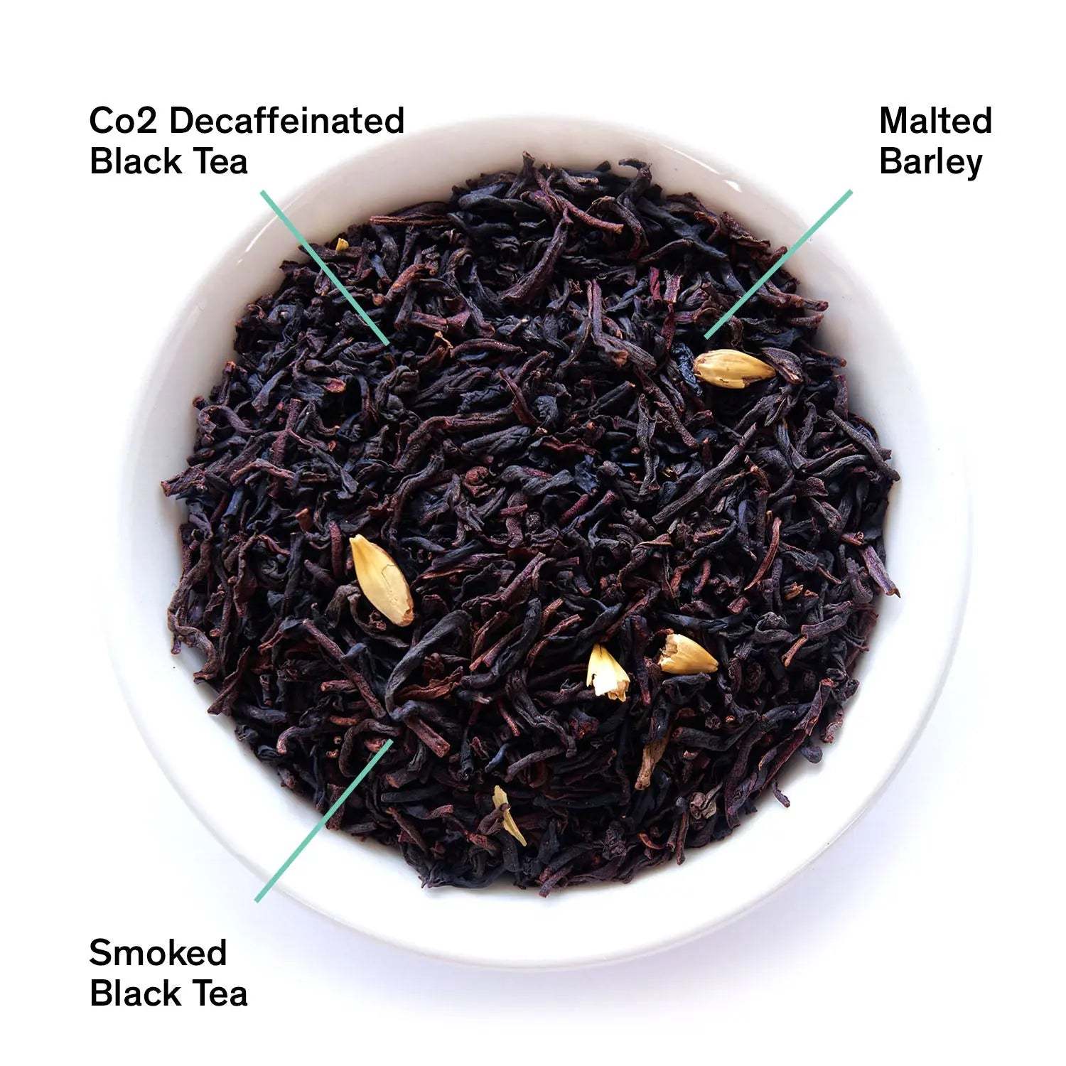 Decaf Low Country - Black Tea, loose black tea blend with dark leaves, malted barley and cardamom pieces