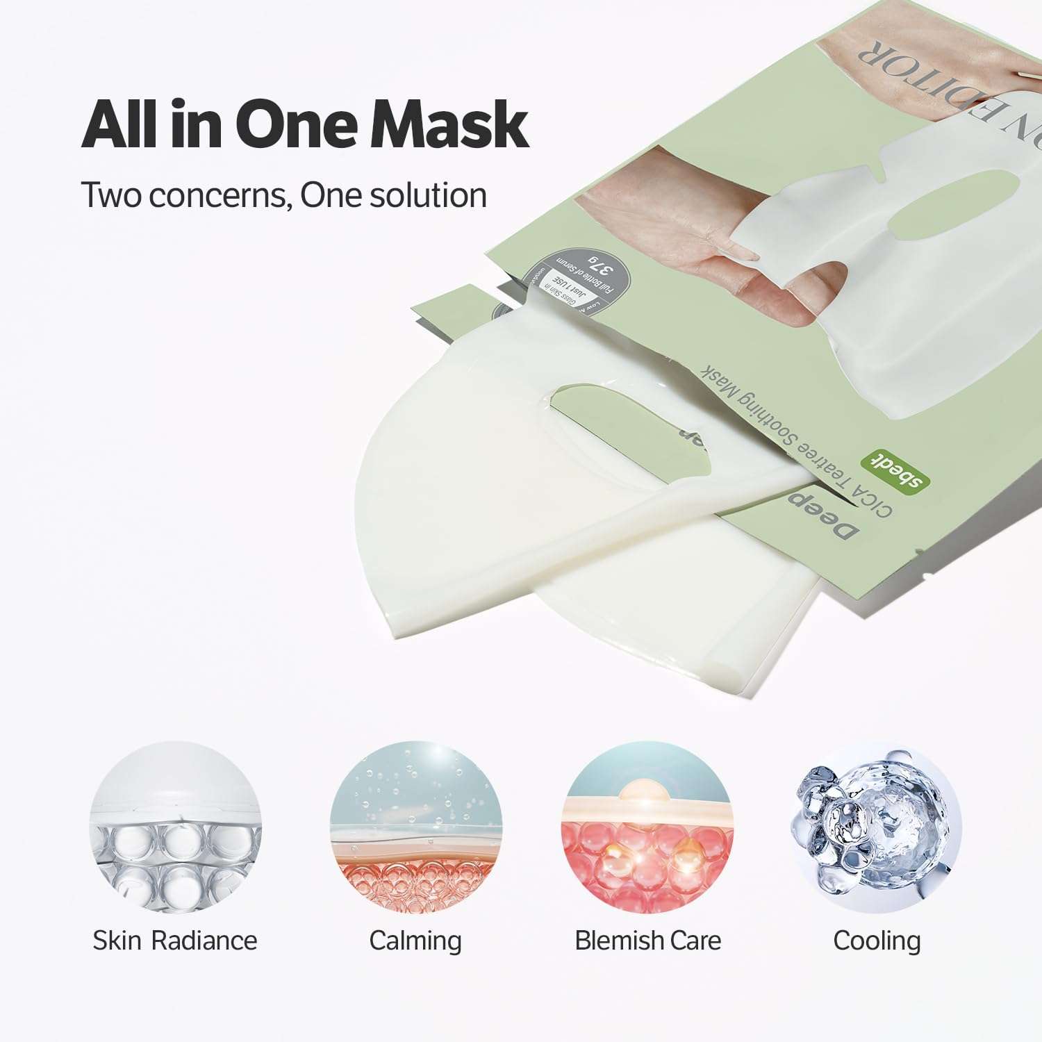 Deep Collagen mask with white sheet design, featuring soft, breathable material for skin radiance, calming, blemish care, and cooling effects.