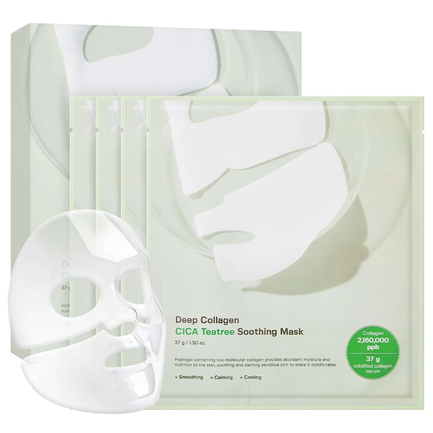 Deep Collagen mask with translucent white hydrogel sheet, packaged in light green sachets featuring soothing and calming ingredients.