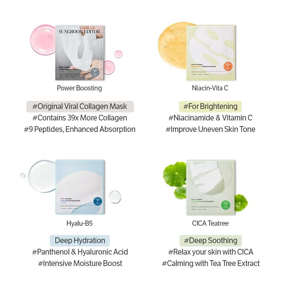 Four types of skincare mask packaging displayed, each with distinct pastel colors and labeled features, highlighting the Deep Collagen mask with silver and pink tones.