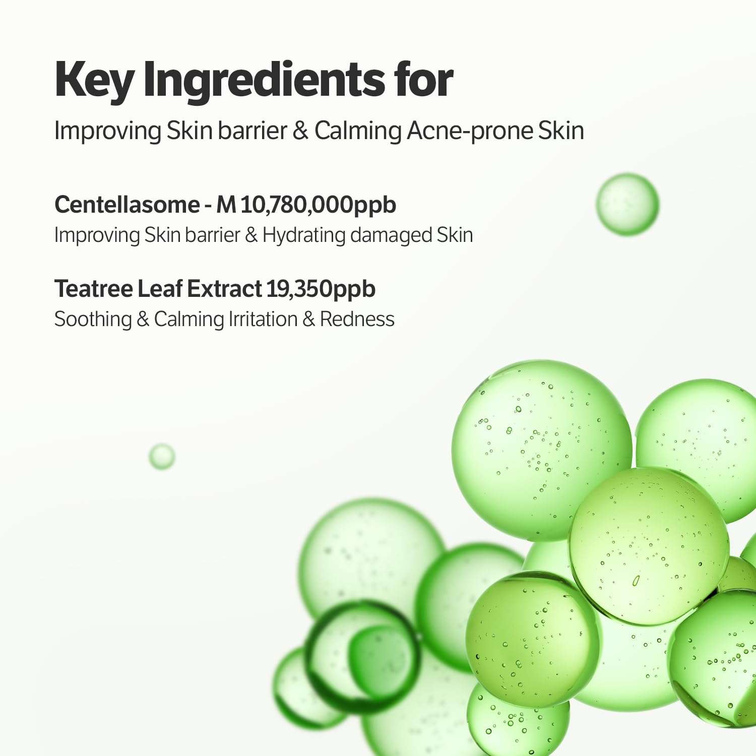 Graphic showing green translucent bubbles with text listing key ingredients Centellasome-M and Teatree Leaf Extract for the Deep Collagen mask improving skin barrier and calming acne-prone skin.