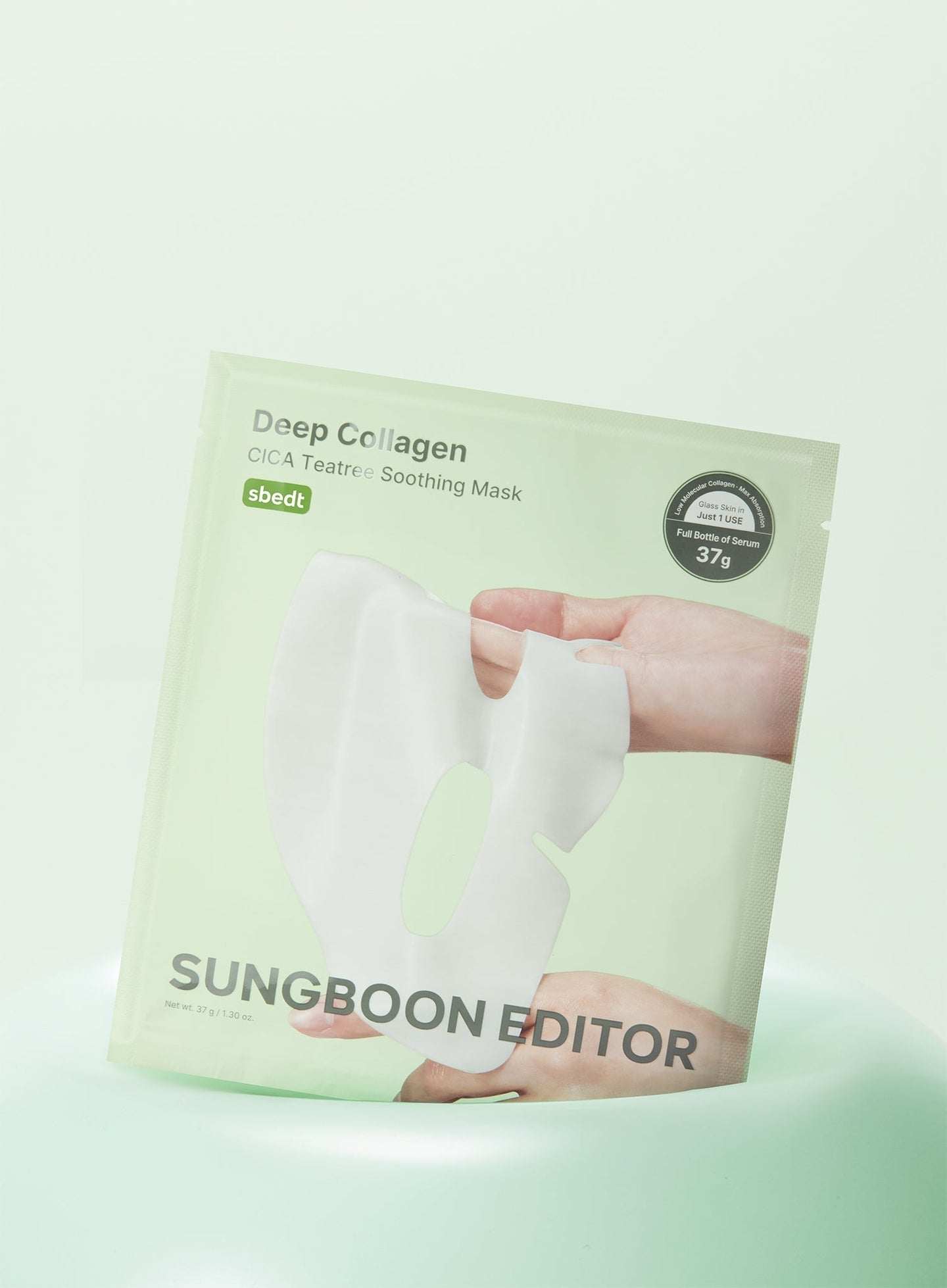 Sungboon Editor Deep Collagen mask in light green packaging showing a white sheet mask held by hands against a plain background.