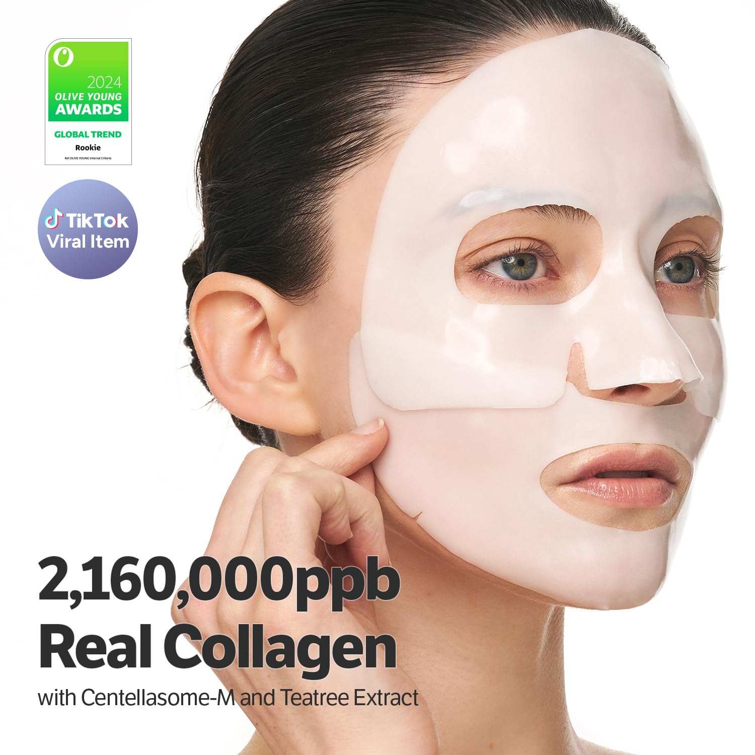 Facial sheet mask in translucent white material worn on a woman's face highlighting Deep Collagen mask benefits for hydration and skin nourishment.