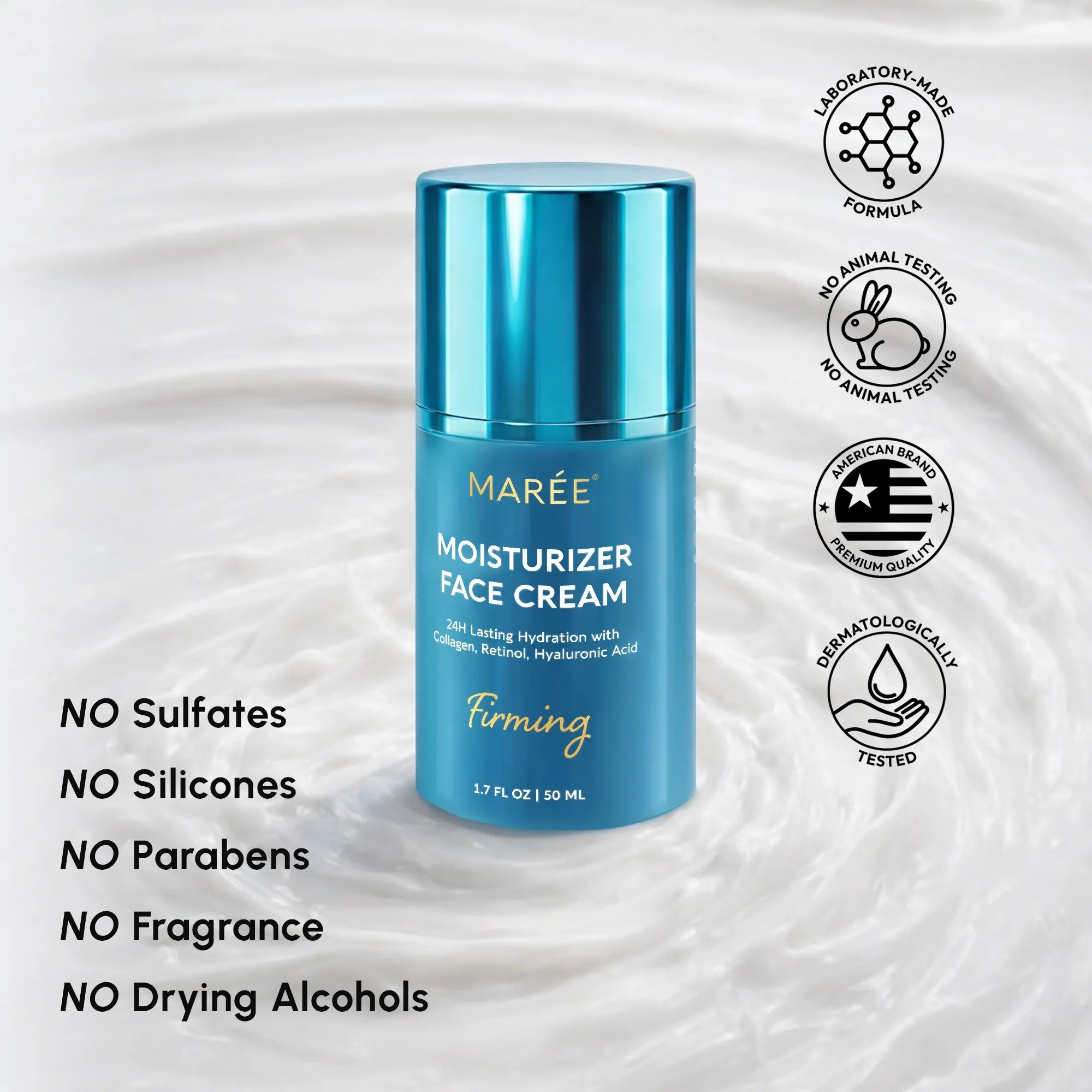 Deep Moisture Collagen face cream in a turquoise metallic pump bottle with white lettering and a glossy matching cap