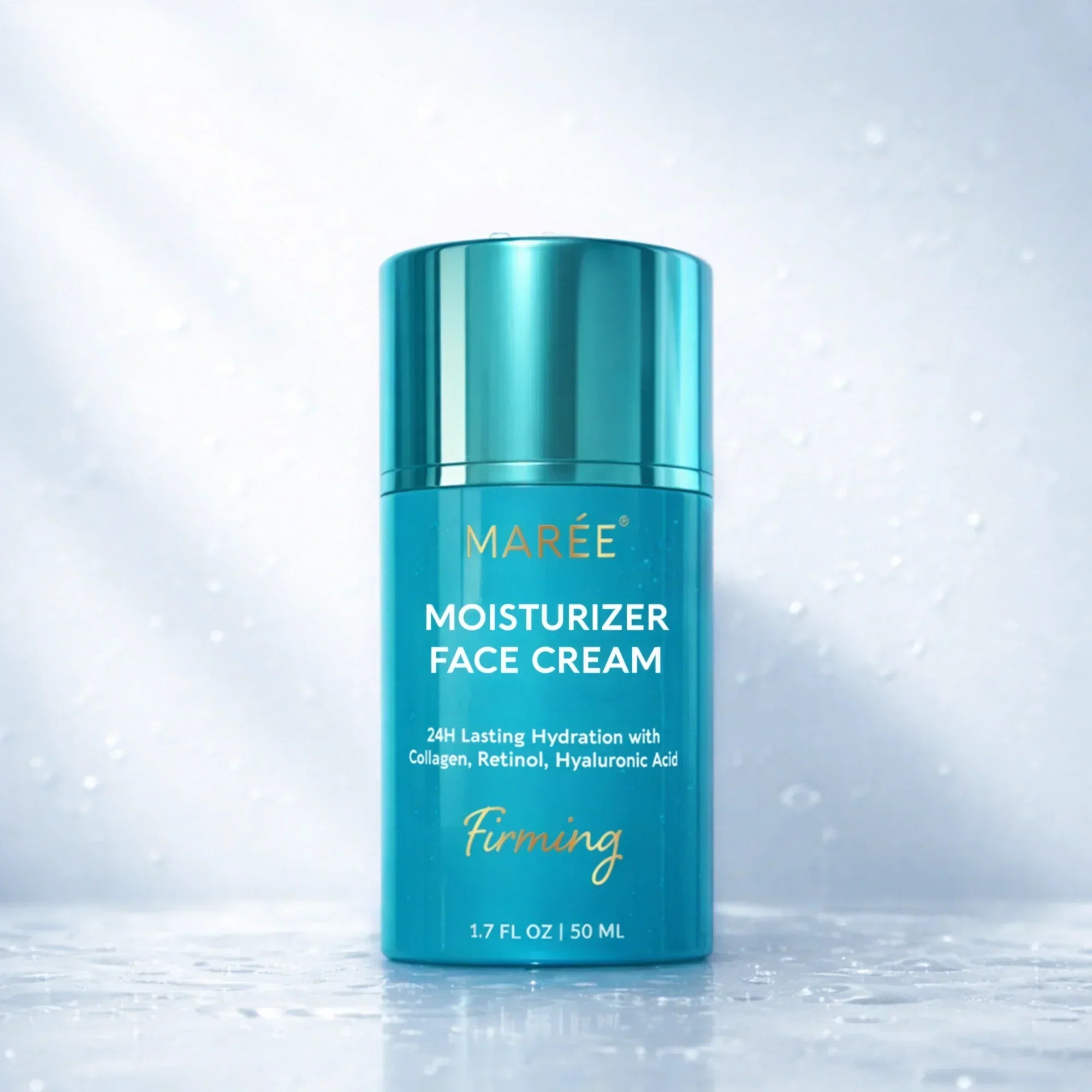 Deep Moisture Collagen face cream in a turquoise cylindrical pump bottle with gold lettering and a shiny metallic cap