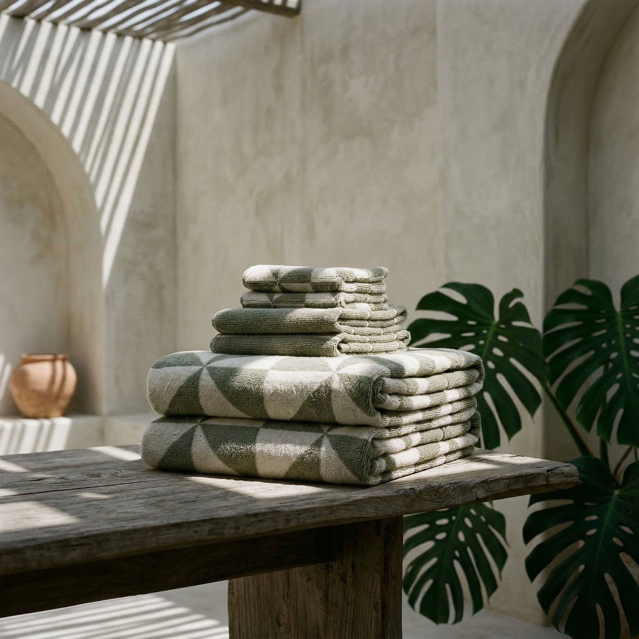 Deia Australian Cotton towels in muted sage green and ivory, plush woven fabric with geometric triangles and textured borders.