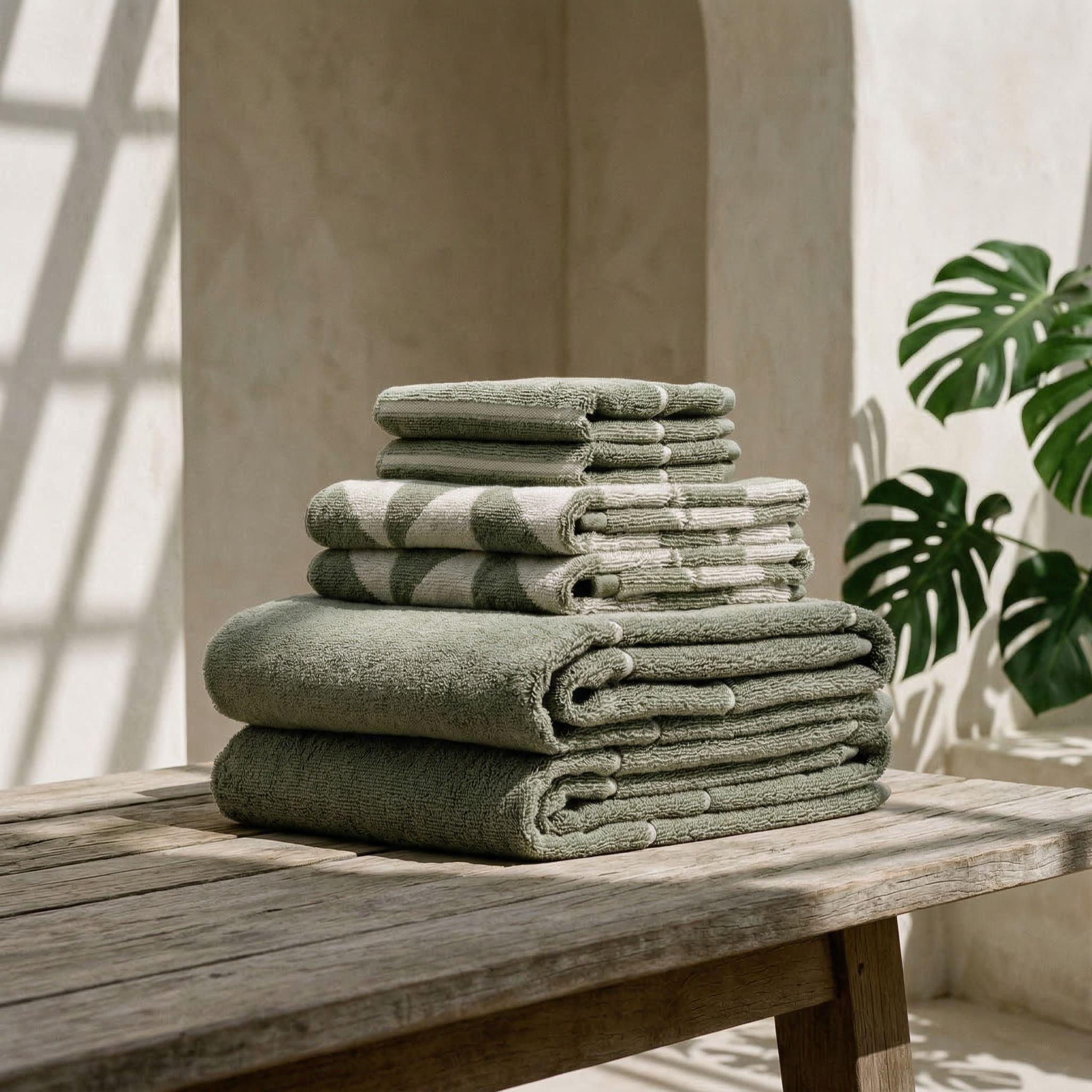 Deia Australian Cotton towels in muted sage green, plush textured cotton with folded bath towels, hand towels, and washcloths