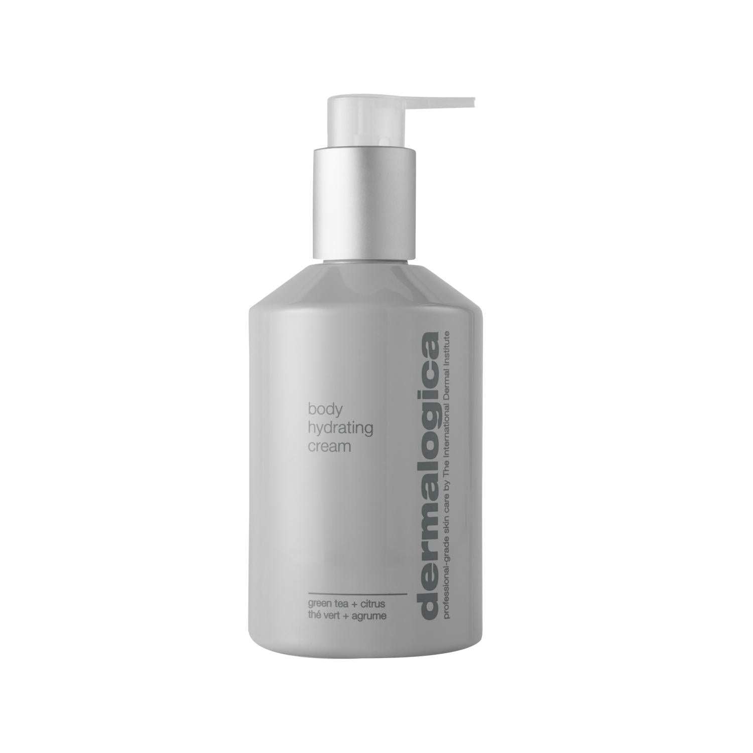 Dermalogica Body Hydrating Cream in a grey pump bottle with minimalist black vertical branding and lotion dispenser