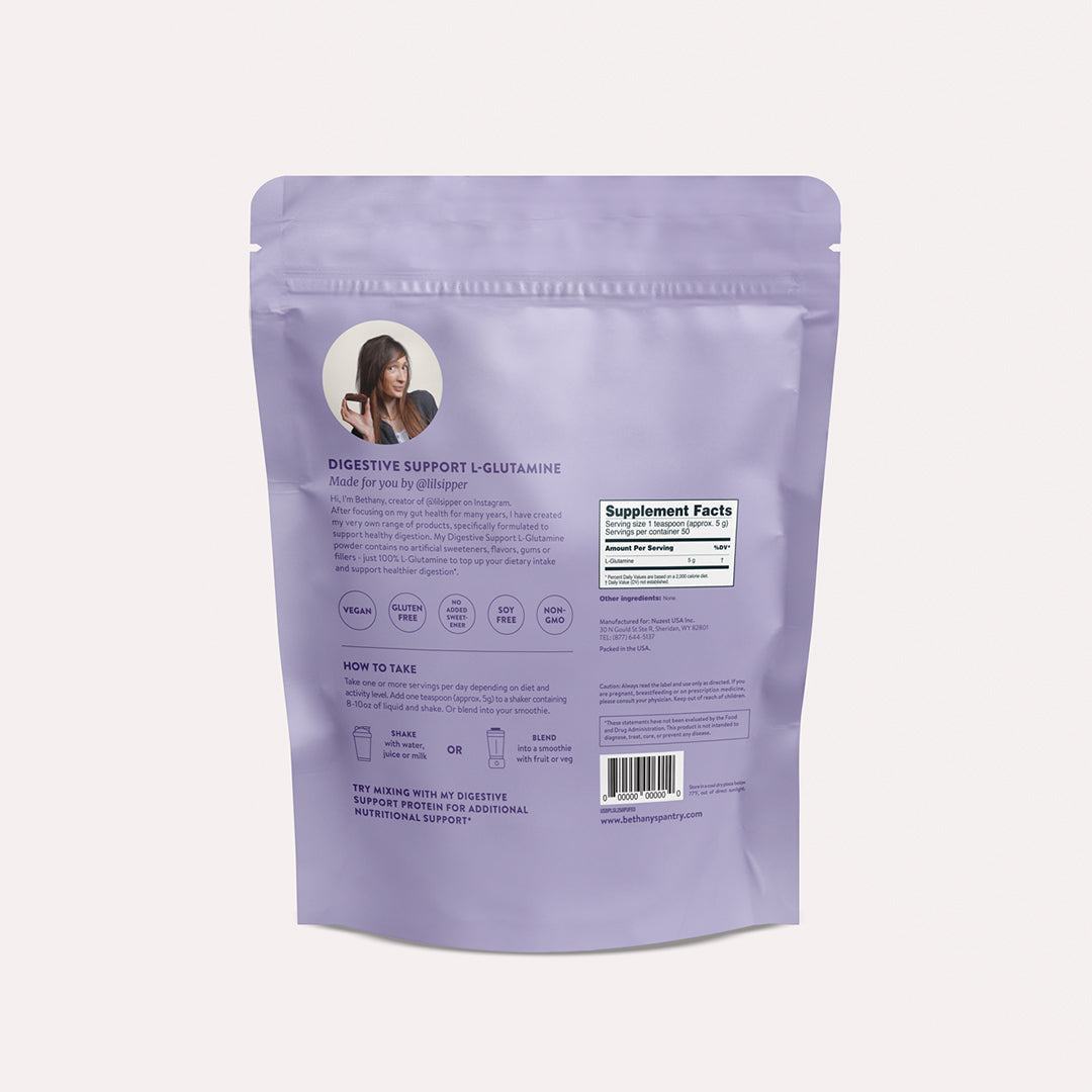 Digestive Support L-Glutamine powder in a lavender resealable pouch with printed supplement facts and directions