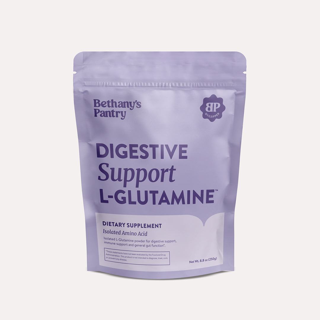 Digestive Support L-Glutamine powder in a lavender resealable pouch with bold lettering and a dietary supplement label