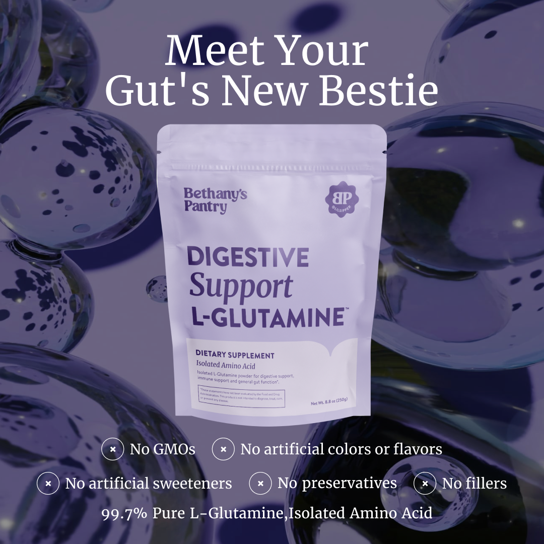 Digestive Support L-Glutamine powder in a white resealable pouch with purple lettering and a single-ingredient formula.