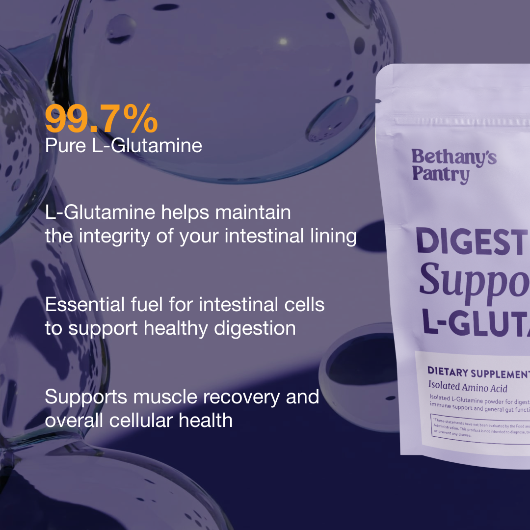 Digestive Support L-Glutamine powder in a white resealable pouch with purple lettering and a 99.7% pure formula