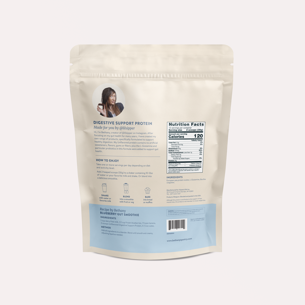 Digestive Support Protein pouch in cream and pale blue, featuring a resealable top, product details, nutrition facts and founder portrait