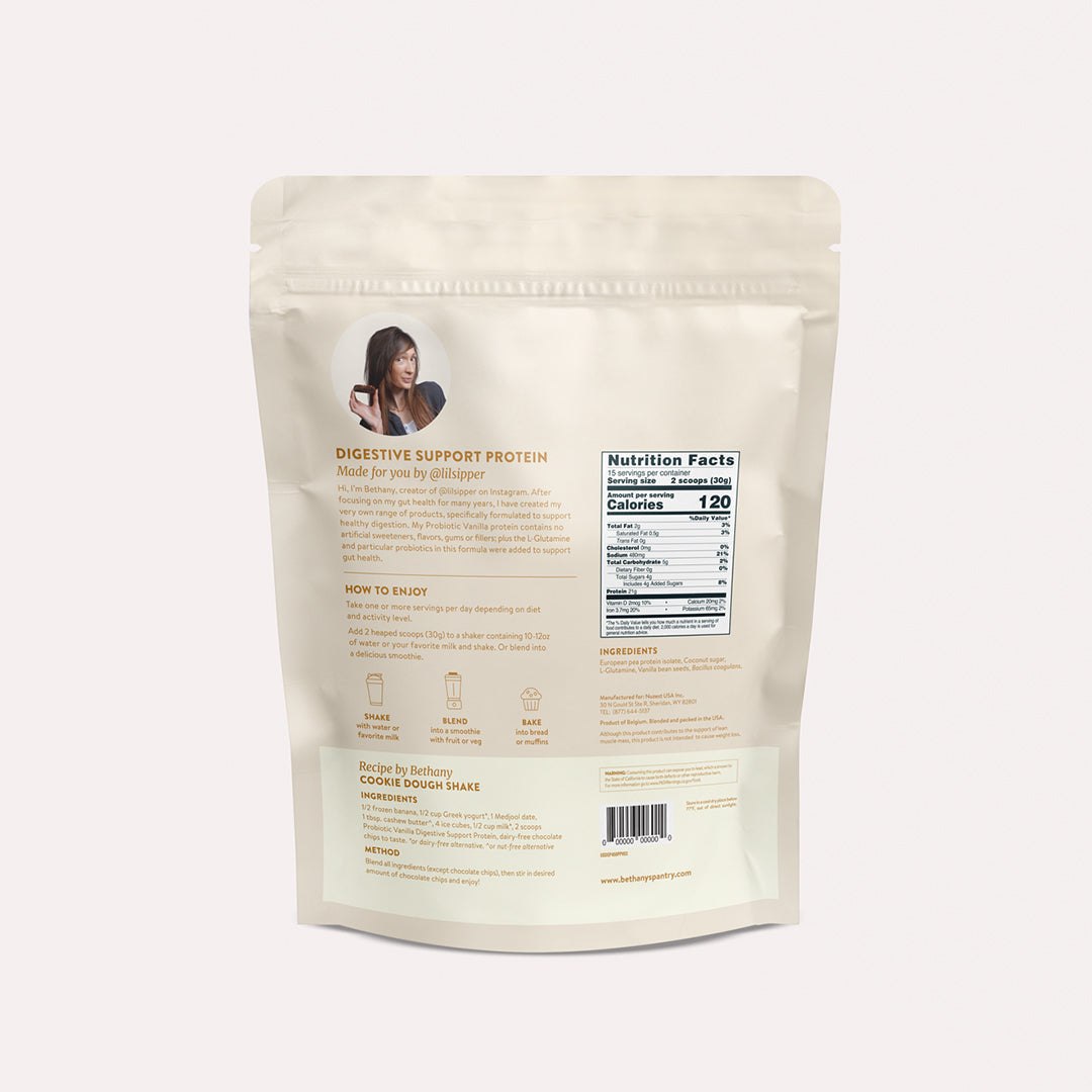 Digestive Support Protein pouch in cream packaging, with a resealable top, founder portrait, and nutrition facts panel.