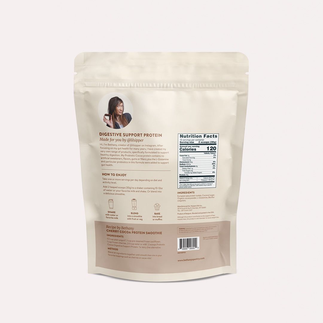 Digestive Support Protein in a cream resealable pouch with a founder portrait, nutrition facts panel and brown label