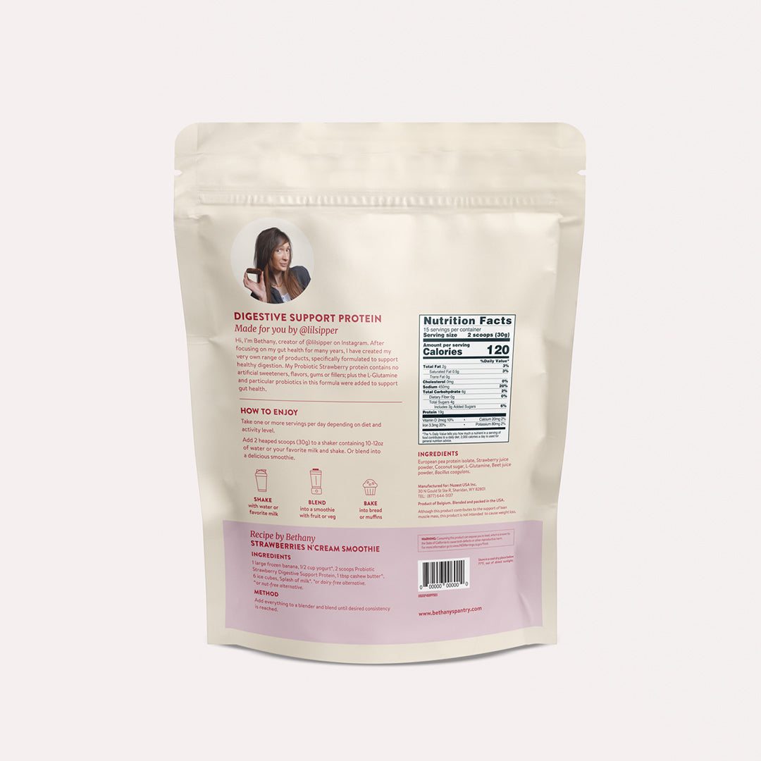Digestive Support Protein pouch in cream packaging with pink label accents, nutrition facts panel and resealable top