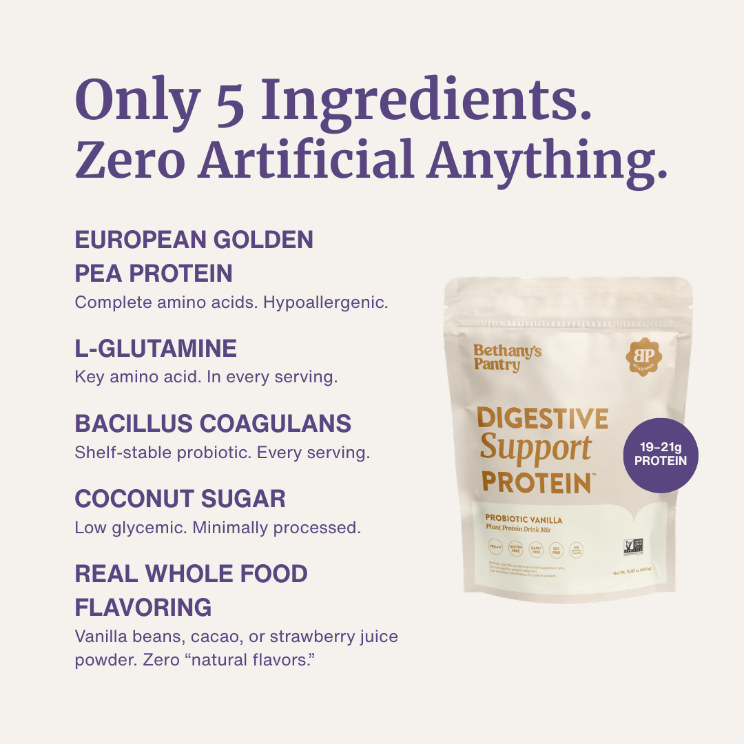 Digestive Support Protein in a cream pouch with gold and purple lettering, featuring probiotic vanilla flavor and 19–21 grams of protein