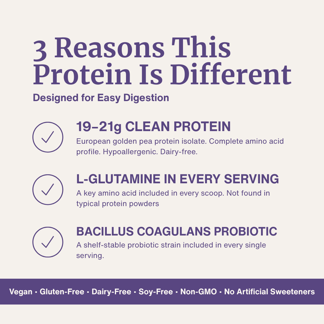 Digestive Support Protein infographic listing easy digestion benefits, clean pea protein, L-glutamine and probiotic