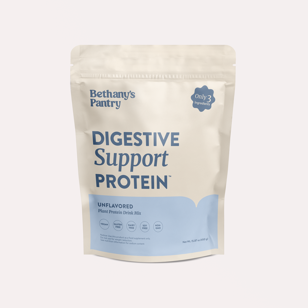 Digestive Support Protein unflavored plant protein powder in a cream resealable pouch with blue label
