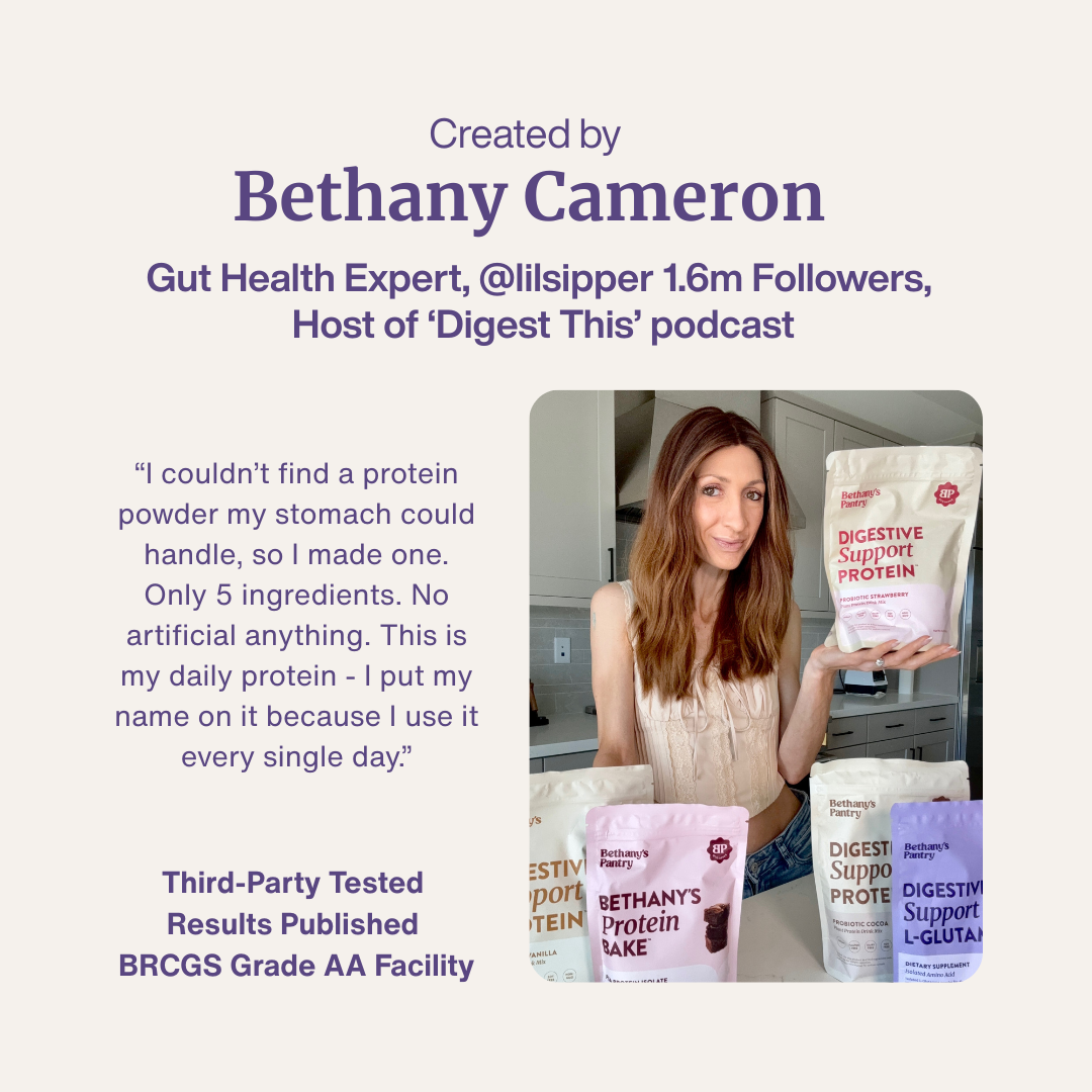 Digestive Support Protein powder pouch, white packaging with magenta lettering and a red digestive support label
