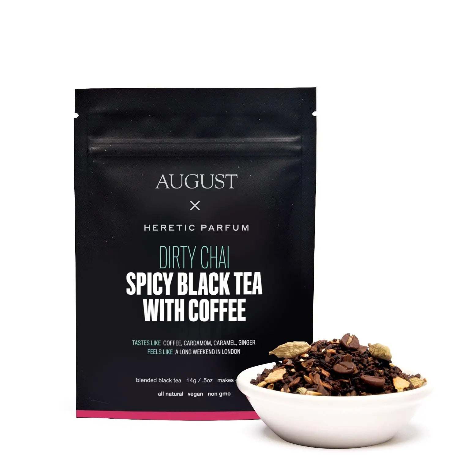 Dirty Chai spicy black tea with coffee in a black August pouch, shown beside loose tea with visible spices.