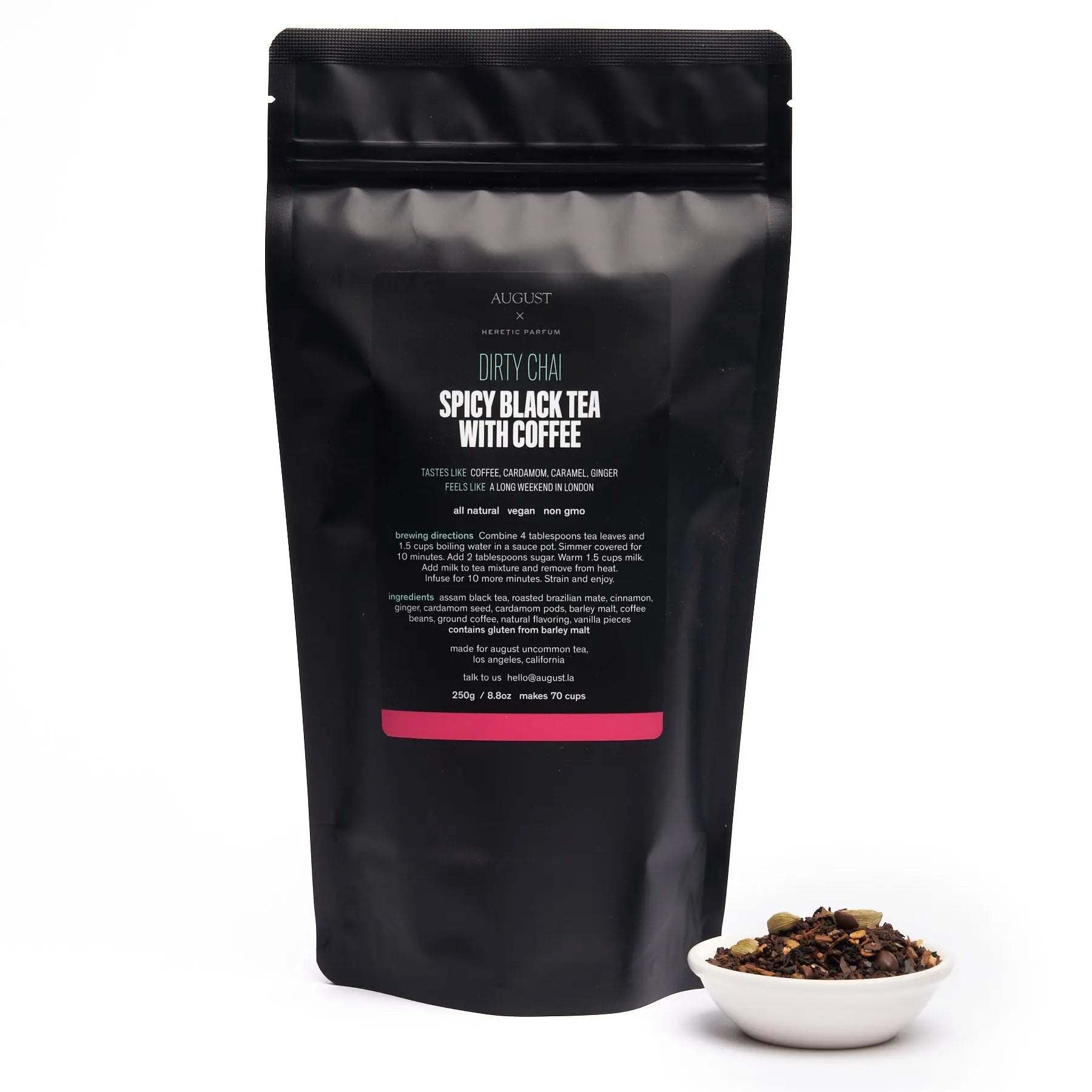 Dirty Chai spicy black tea in a matte black resealable pouch with a small bowl of loose tea blend