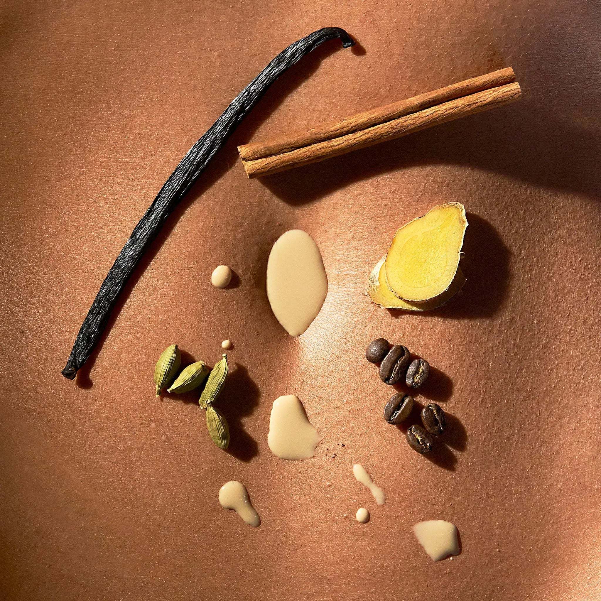 Dirty Chai spice ingredients with dark coffee beans, green cardamom pods, cinnamon sticks, ginger, and vanilla