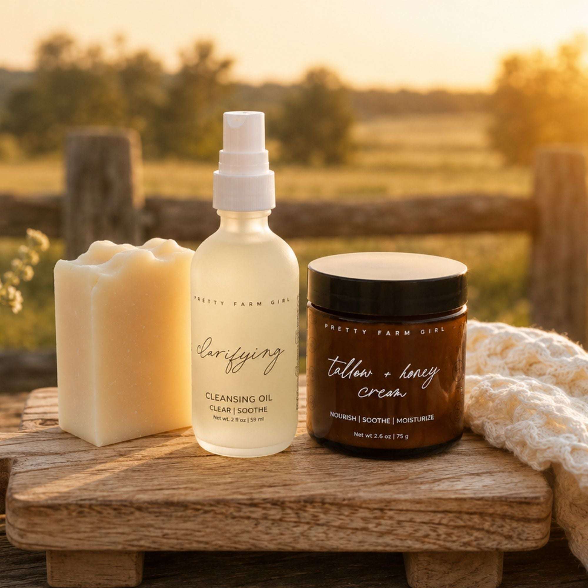 Double Cleansing Kit Soothing with ivory soap bar, clear cleansing oil, and amber tallow honey cream jar