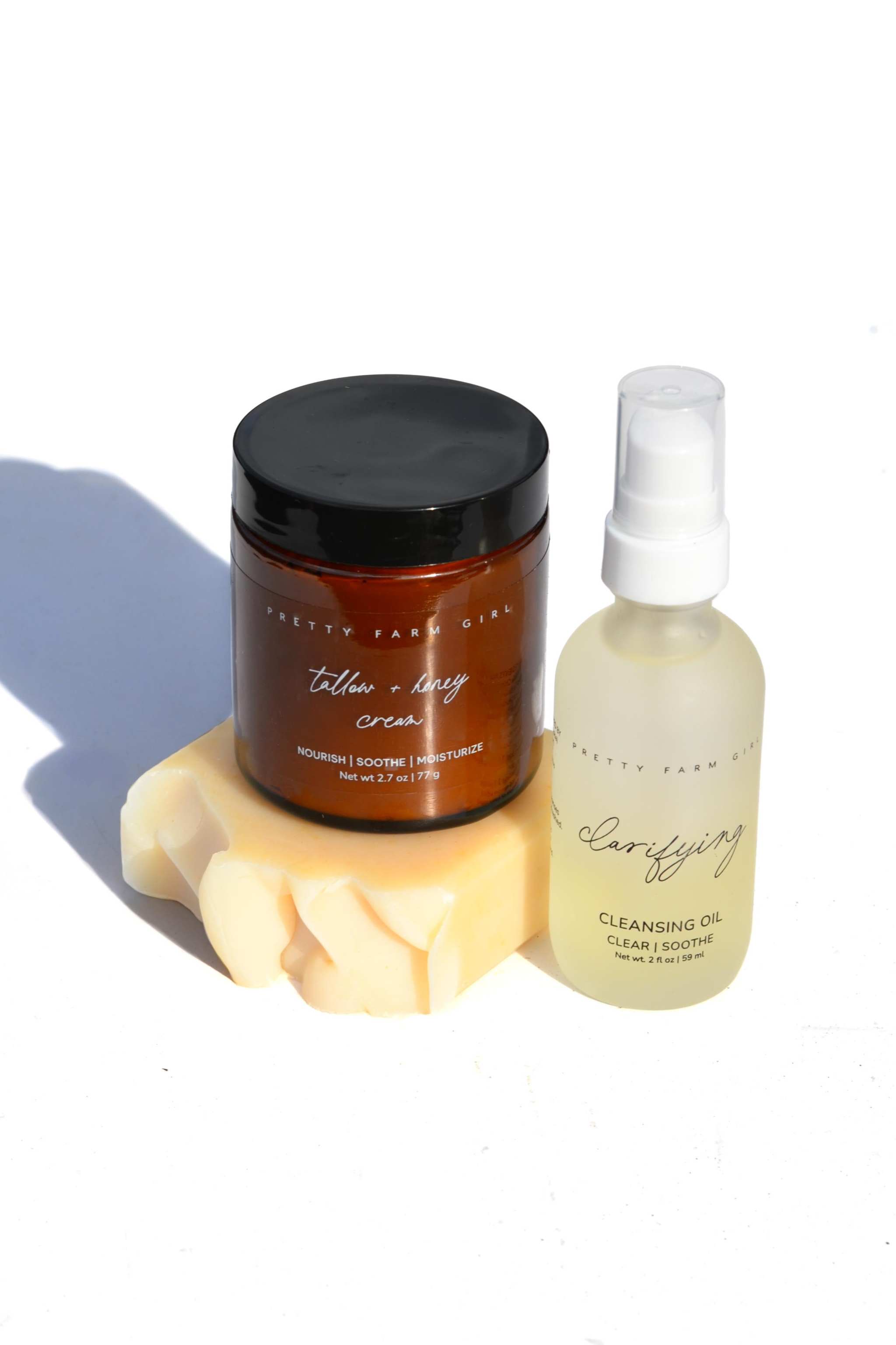 Double Cleansing Kit Soothing with amber cream jar, cleansing oil pump bottle, and handmade soap bar
