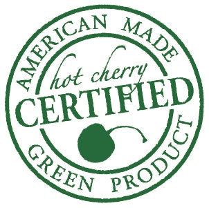 Double Square Pillow product seal, green circular American Made Certified Green Product emblem with cherry logo