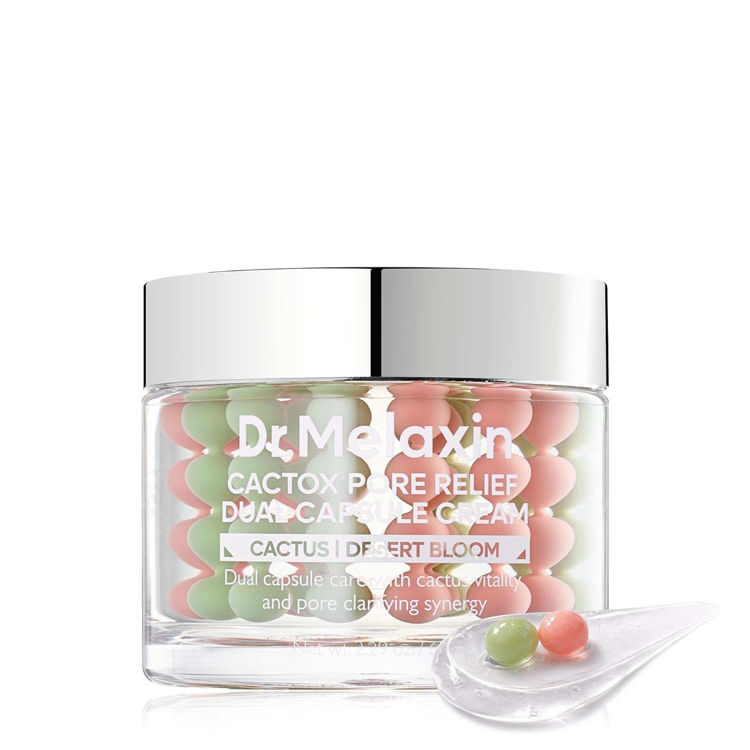 Dr.Melaxin CACTOX dual capsule cream in a clear jar, with pink and green capsules and silver lid