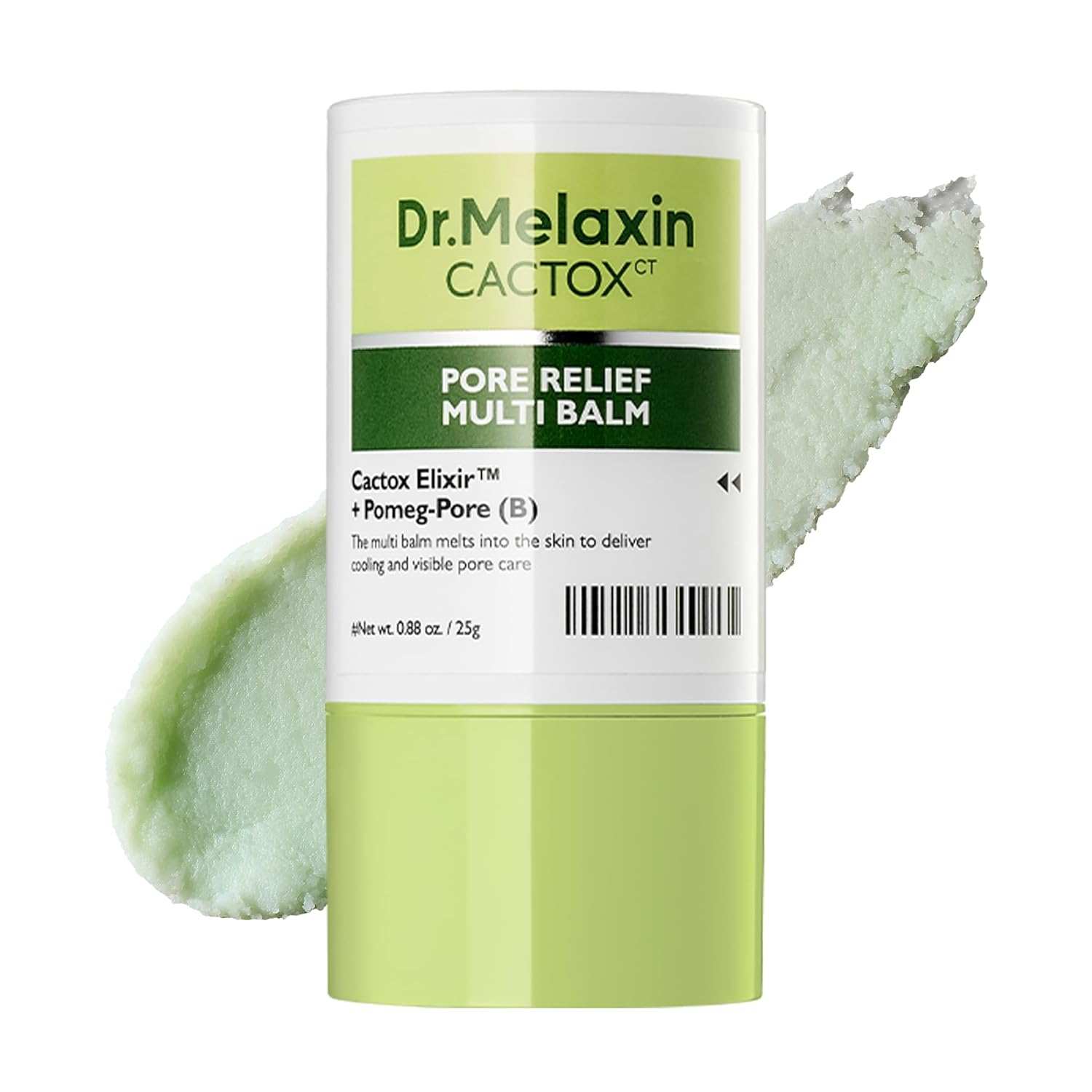 Dr. Melaxin CACTOX Pore Relief multi balm in green and white packaging with light green balm texture swatch.