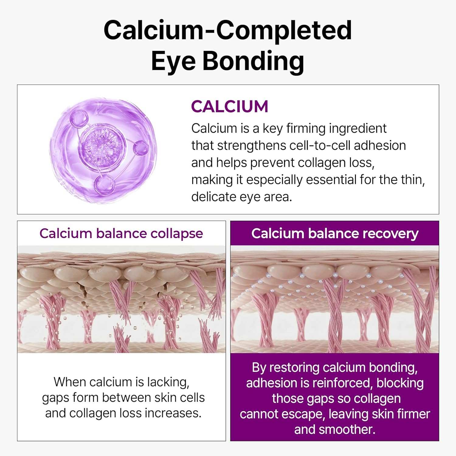 Dr. Melaxin Calcium Bonding Eye Cream calcium bonding infographic showing skin cell adhesion and firmer skin recovery
