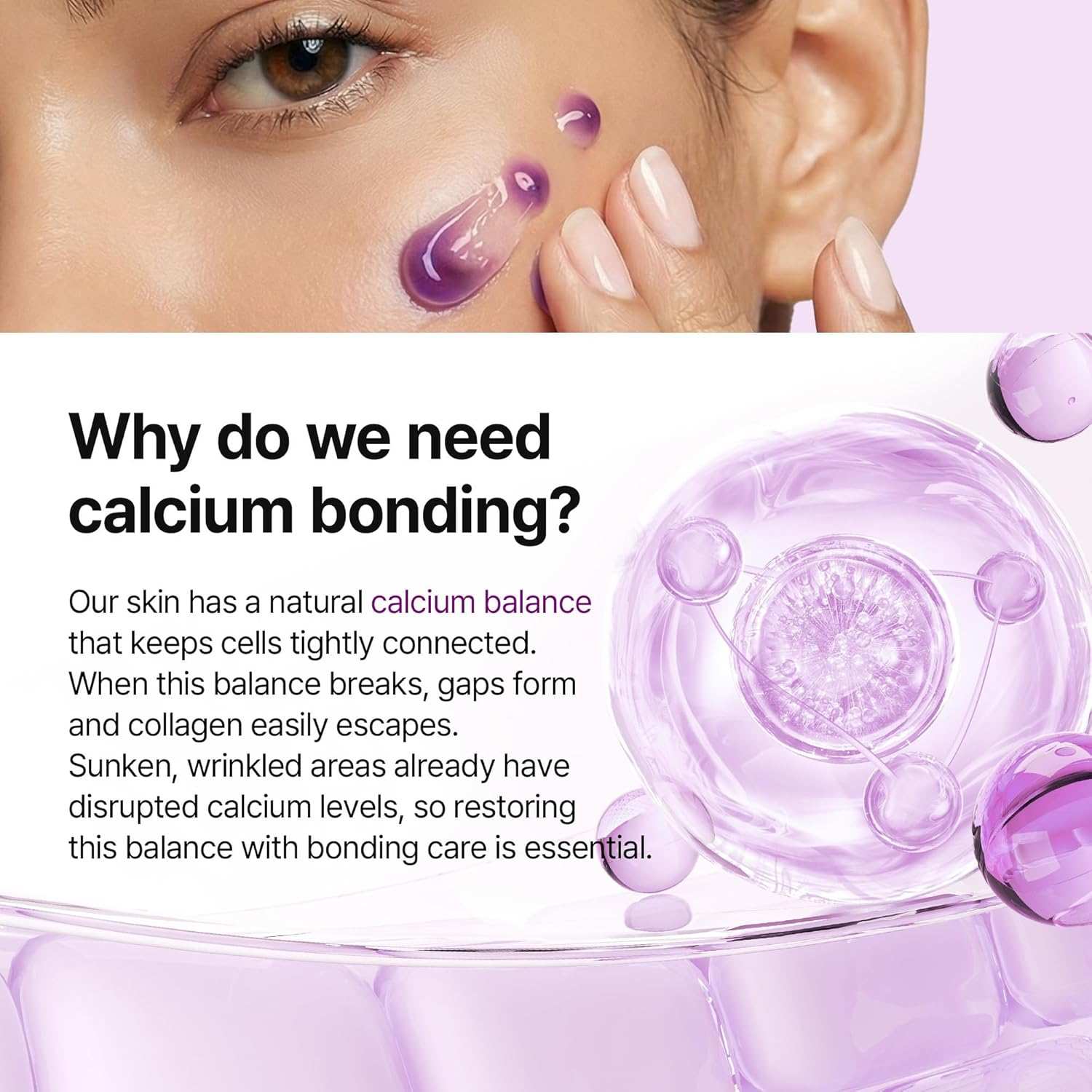 Dr. Melaxin Calcium Bonding Eye Cream graphic showing purple cream applied under an eye and calcium bonding illustration