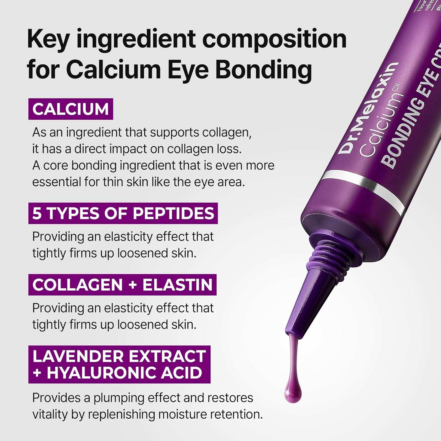 Dr. Melaxin Calcium Bonding Eye Cream in a purple tube with a pointed applicator and calcium bonding ingredients