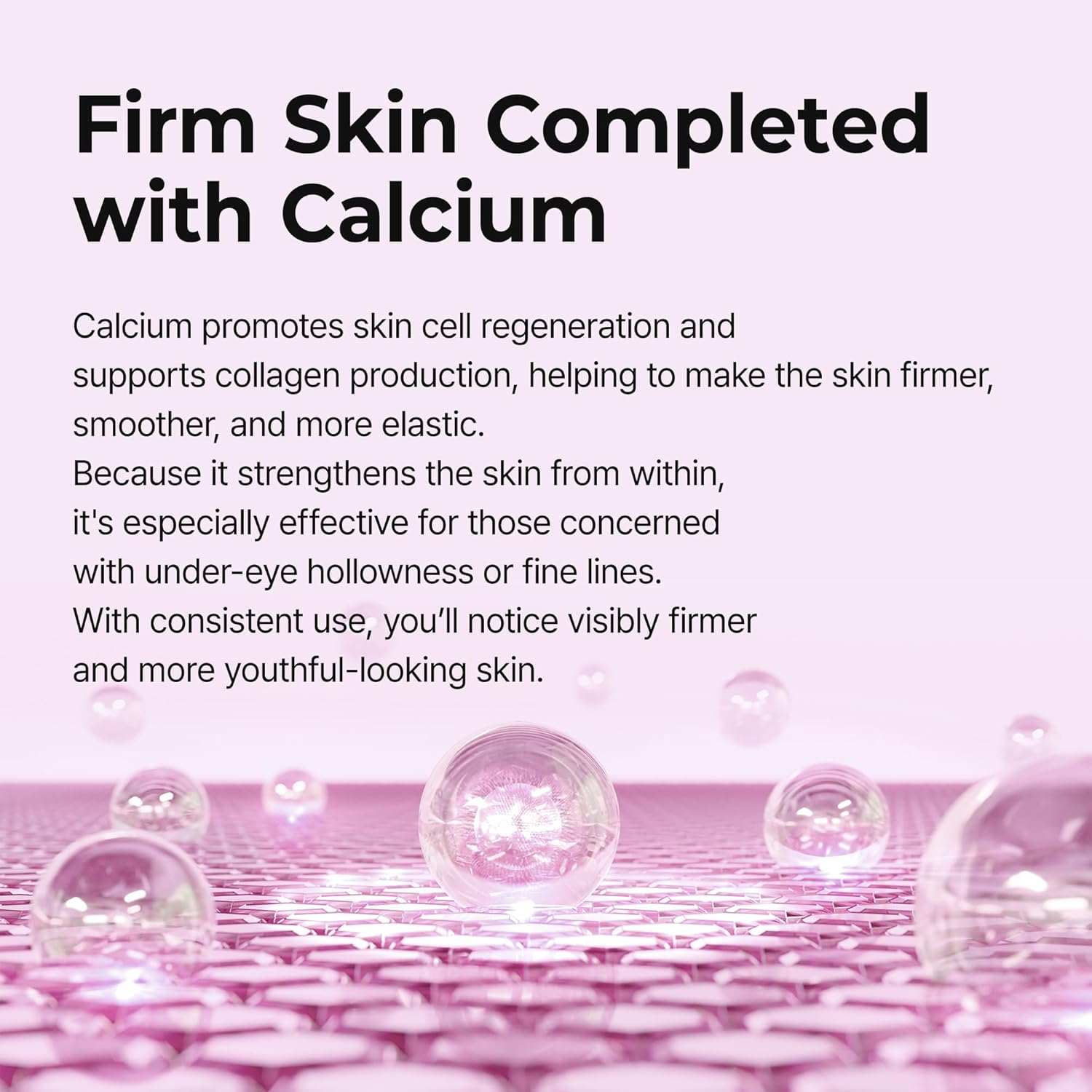 Dr. Melaxin Calcium promoting firm skin with smooth pink background and clear glossy spheres symbolizing skin elasticity and moisture