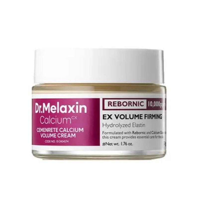 Dr. Melaxin Calcium firming volume cream in a clear jar with white lid and purple and white label