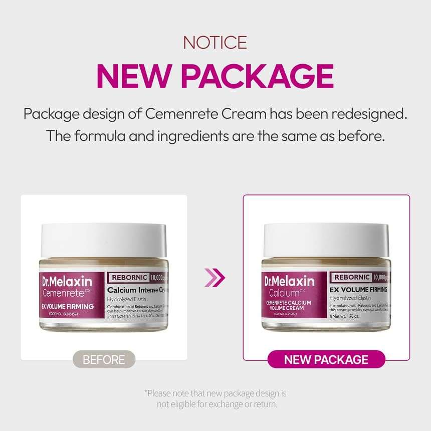 Dr. Melaxin Calcium skincare cream in redesigned white jar with purple and gold label for calcium ion activation