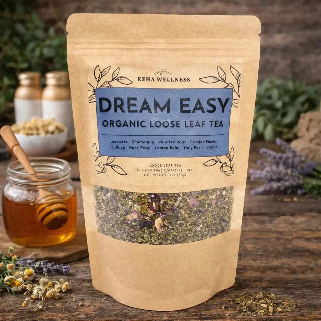 Loose leaf tea in a brown kraft paper bag with a blue label reading Dream Easy Loose Leaf, featuring a calm herbal blend visible through a window