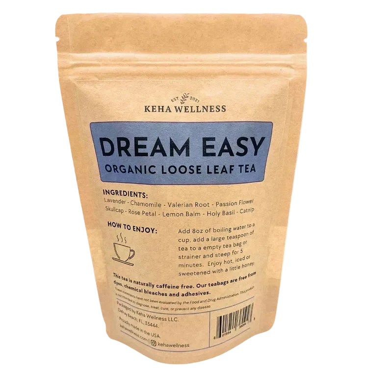 Dream Easy Loose Leaf organic herbal tea in a brown resealable pouch with blue label and ingredient and brewing instructions text