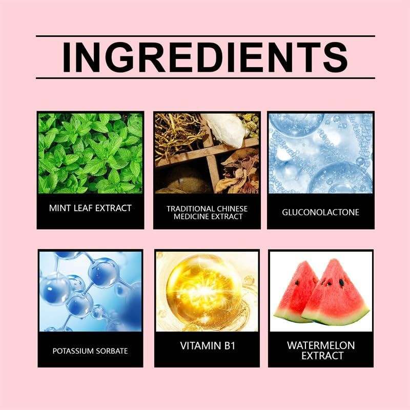 Drinkable Sunless Tanning Drops ingredient chart listing mint leaf extract, Chinese medicine extract, gluconolactone, potassium sorbate, vitamin B1, and watermelon extract
