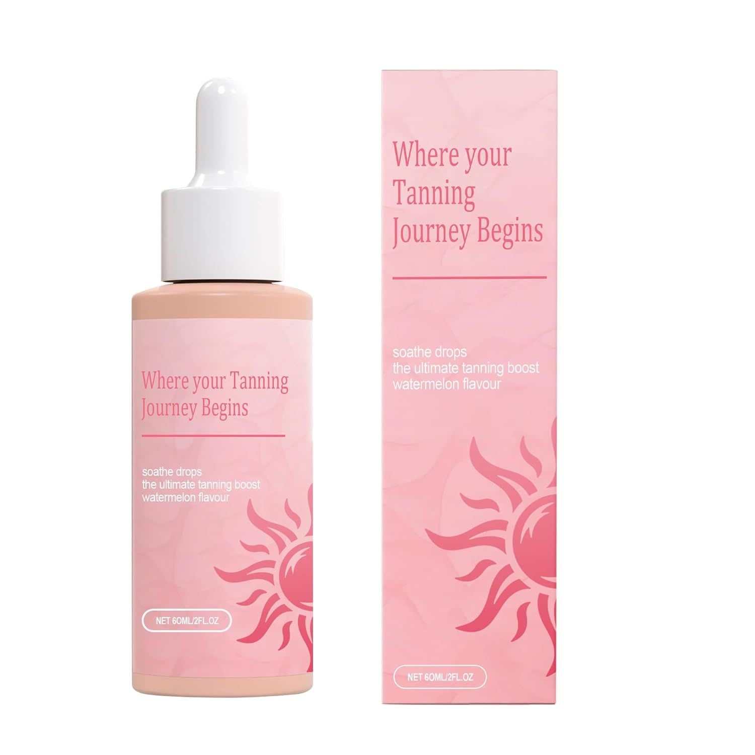 Drinkable Sunless Tanning Drops in a peach-toned dropper bottle with pink label and matching box featuring a sun graphic