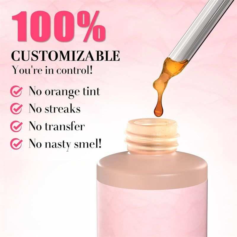 Drinkable Sunless Tanning Drops in a pink-labeled bottle, shown with amber liquid in a glass dropper and customizable tanning claims